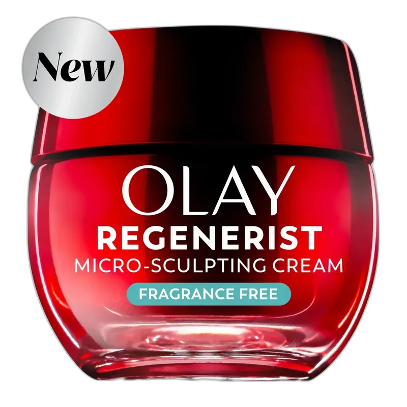 Olay Regenerist Micro-Sculpting Cream Fragrance Free in iconic red jar with Fragrance Free label