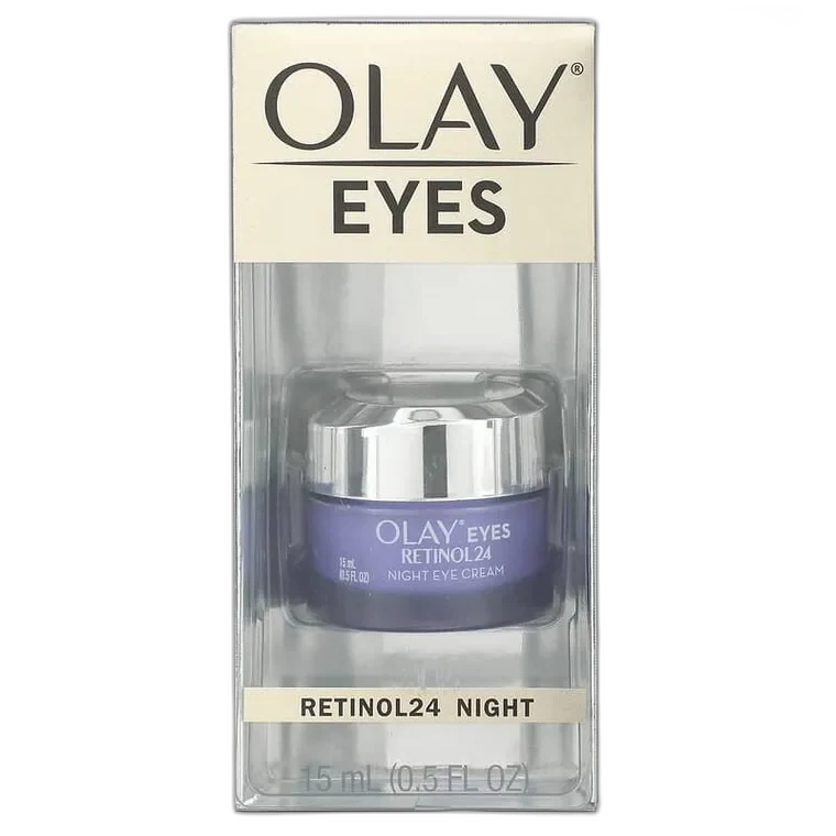 Olay Regenerist Retinol 24 Night Eye Cream in opaque purple jar with gold accents