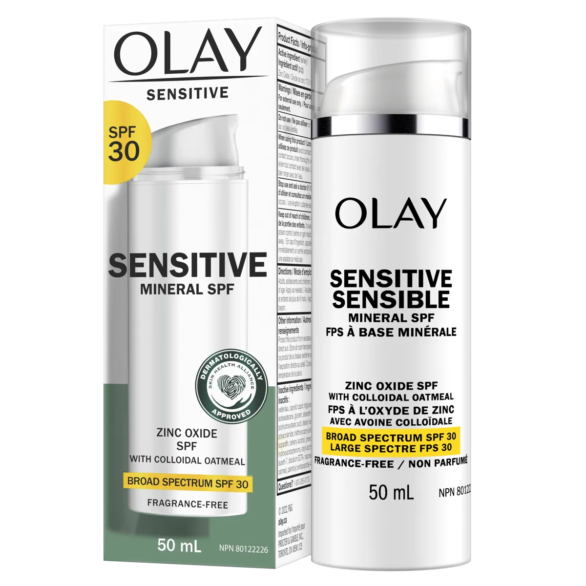 Olay Sensitive Mineral Sunscreen SPF 30 white squeeze tube with blue and gold label