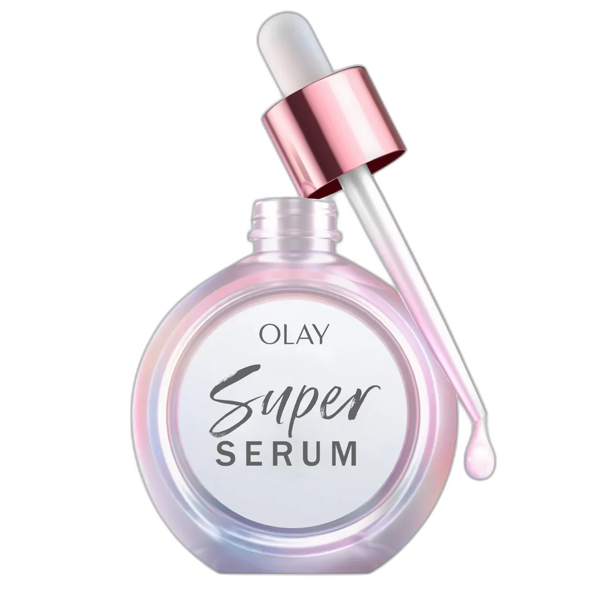 Olay Super Serum in frosted bottle with iridescent purple serum and dropper cap