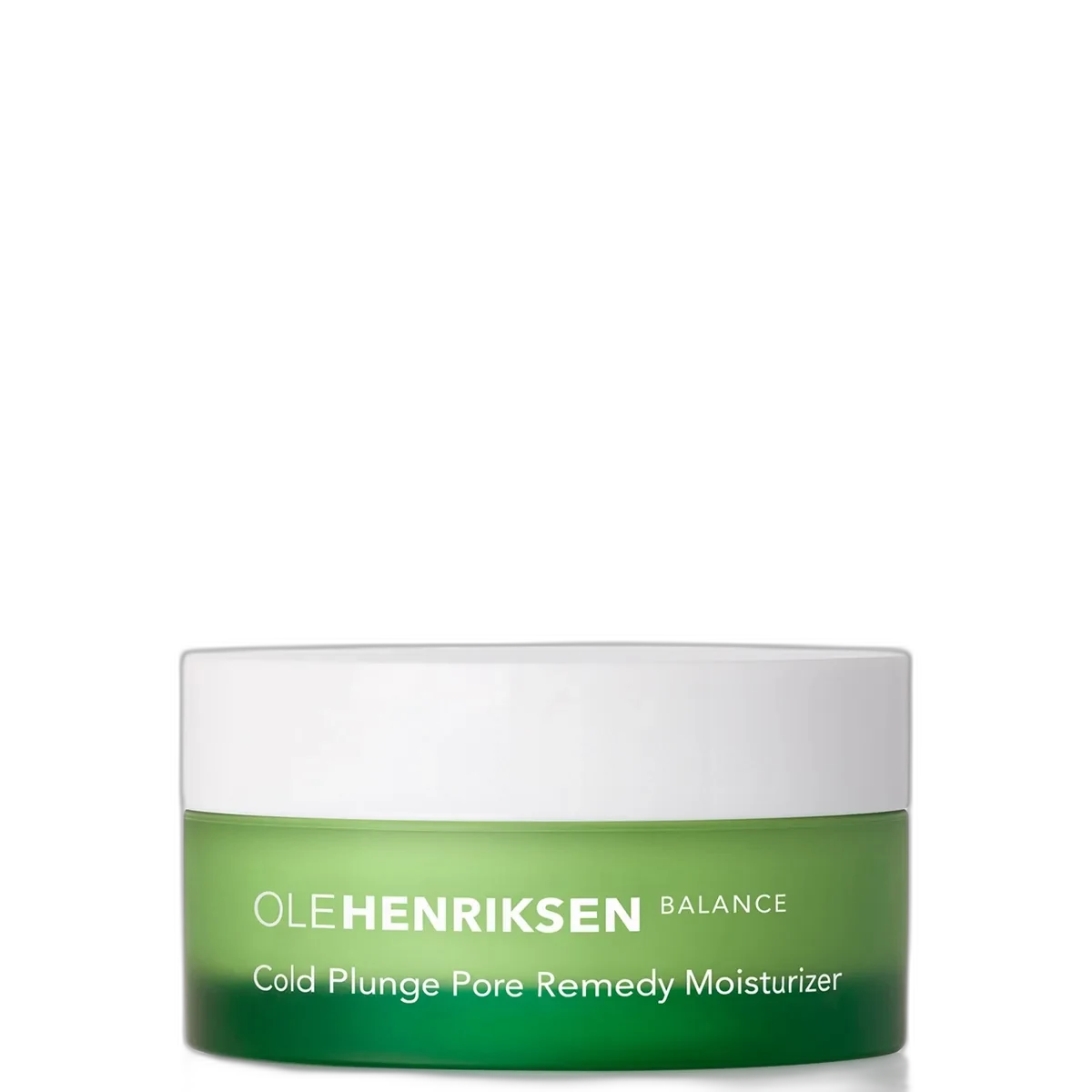 Ole Henriksen Cold Plunge Pore Remedy Moisturizer frosted green glass jar with mint-green gel-cream
