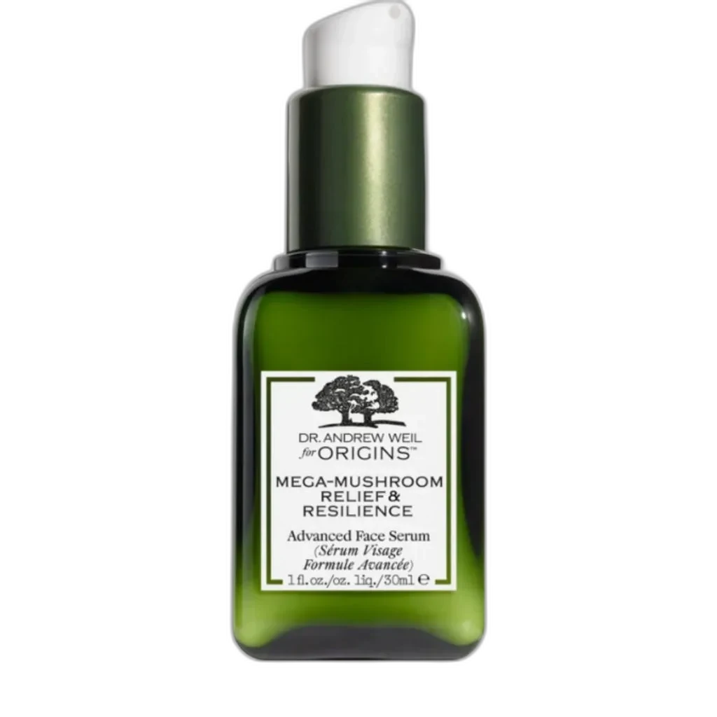 Origins Mega-Mushroom Relief & Resilience Advanced Face Serum frosted glass bottle with dropper