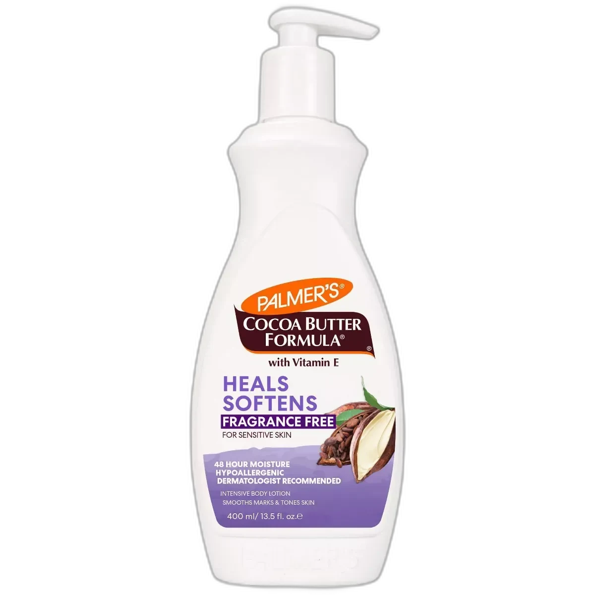 Palmer's Cocoa Butter Formula Body Lotion Fragrance Free in a brown pump bottle with green