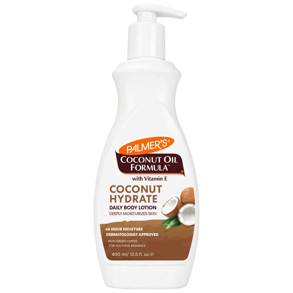 Palmer's Coconut Oil Formula Body Lotion in a white and green pump bottle with coconut imagery