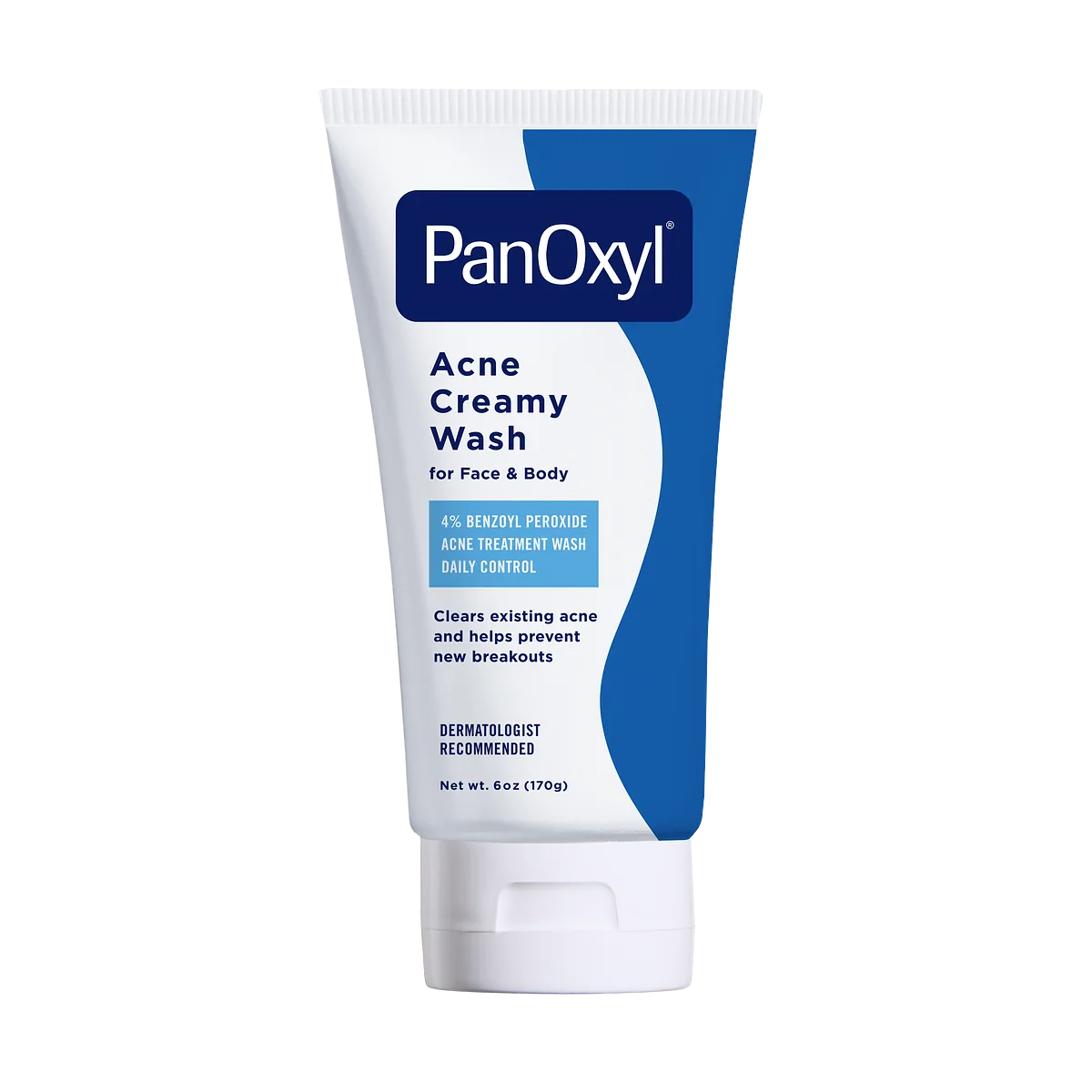 PanOxyl Antimicrobial Hydrating Acne Creamy Wash with 4% Benzoyl Peroxide in a white squeeze