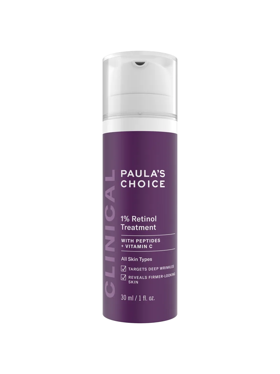 Paula's Choice Clinical 1% Retinol Treatment in opaque pump bottle with white and teal branding