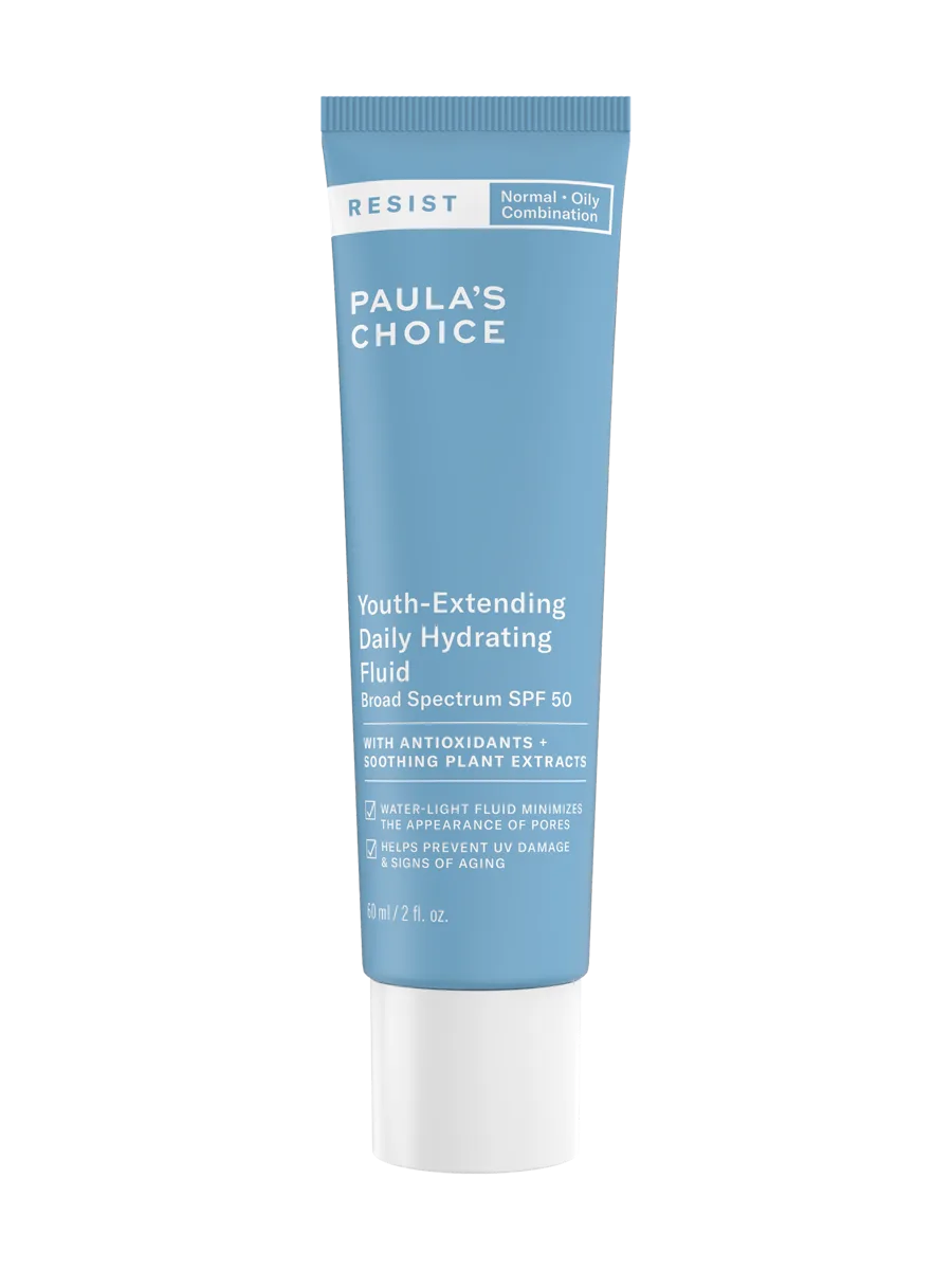 Paula's Choice RESIST Youth-Extending Daily Hydrating Fluid SPF 50 in a white squeeze tube