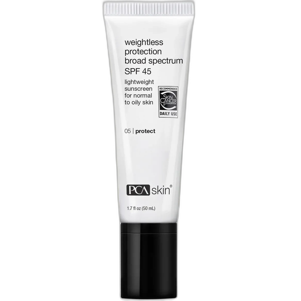 PCA Skin Weightless Protection Broad Spectrum SPF 45 sunscreen tube