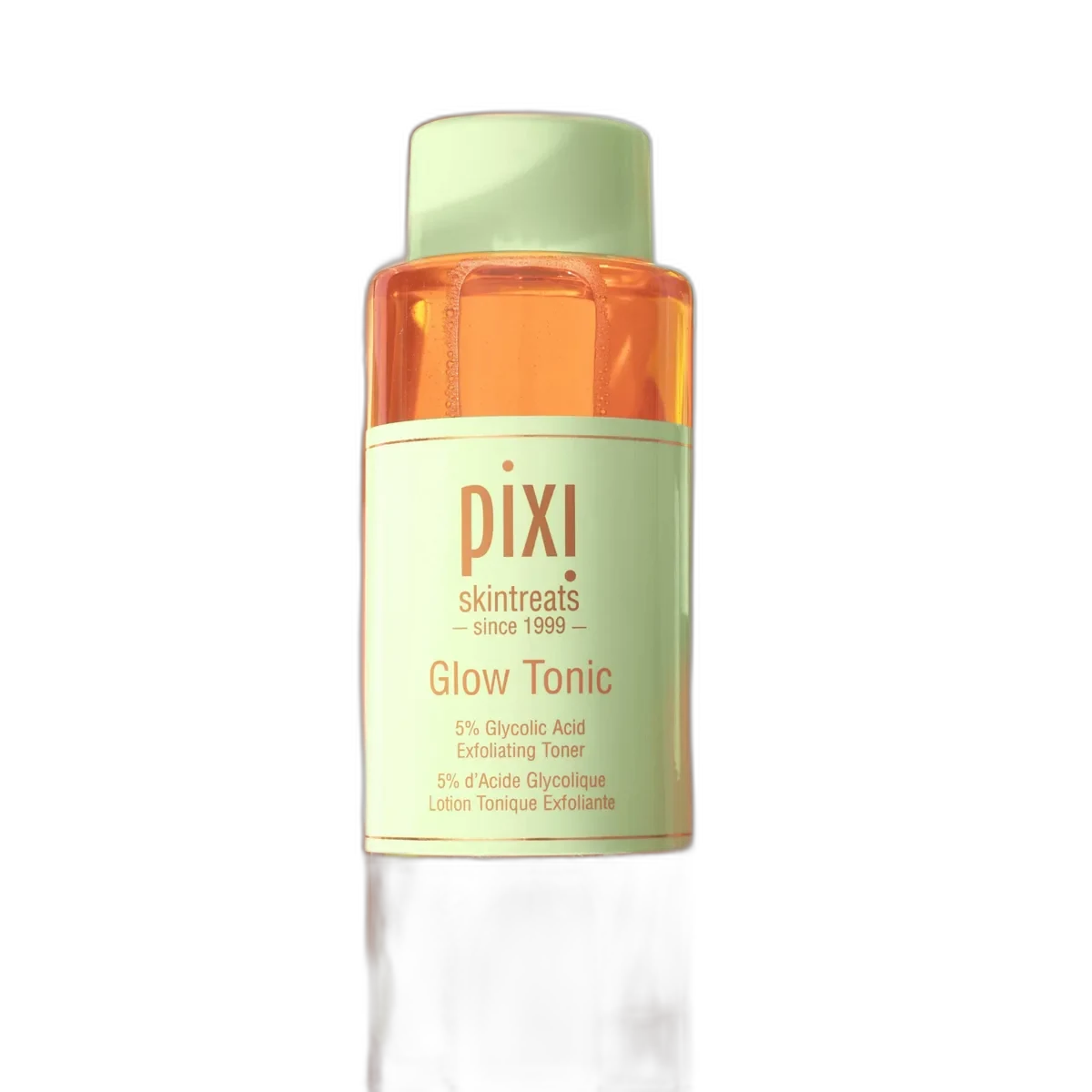 Pixi Glow Tonic 5% Glycolic Acid Exfoliating Toner bottle with signature orange liquid and green cap