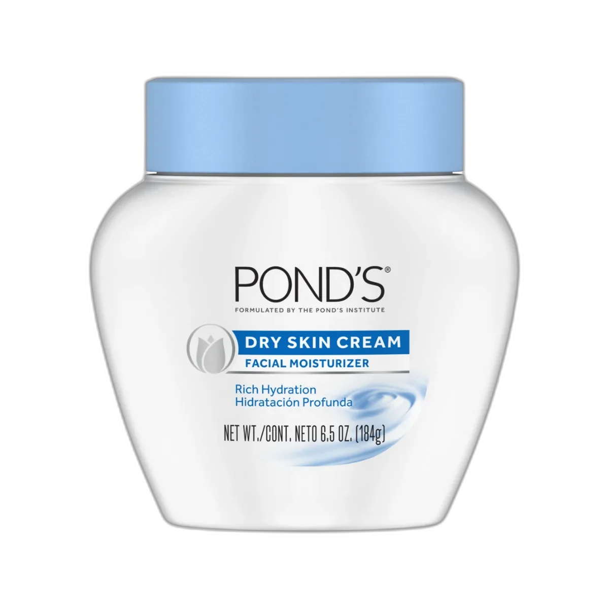 Pond's Dry Skin Cream in a blue jar with the classic Pond's branding