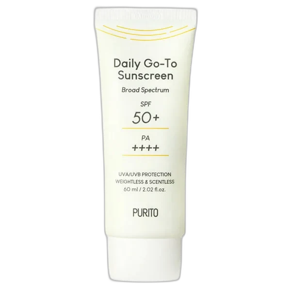 Purito Daily Go-To Sunscreen SPF 50+ PA++++ in a white squeeze tube with minimalist green branding