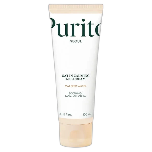 Purito Oat-In Calming Gel Cream in a paper-based squeeze tube with minimalist beige branding