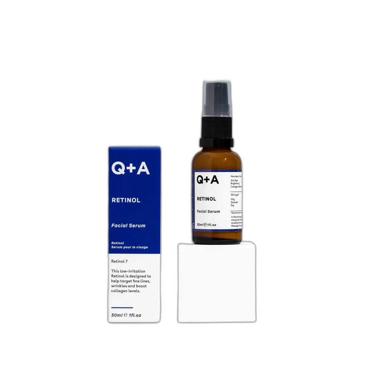 Q+A Skincare Retinol Facial Serum 30ml glass dropper bottle