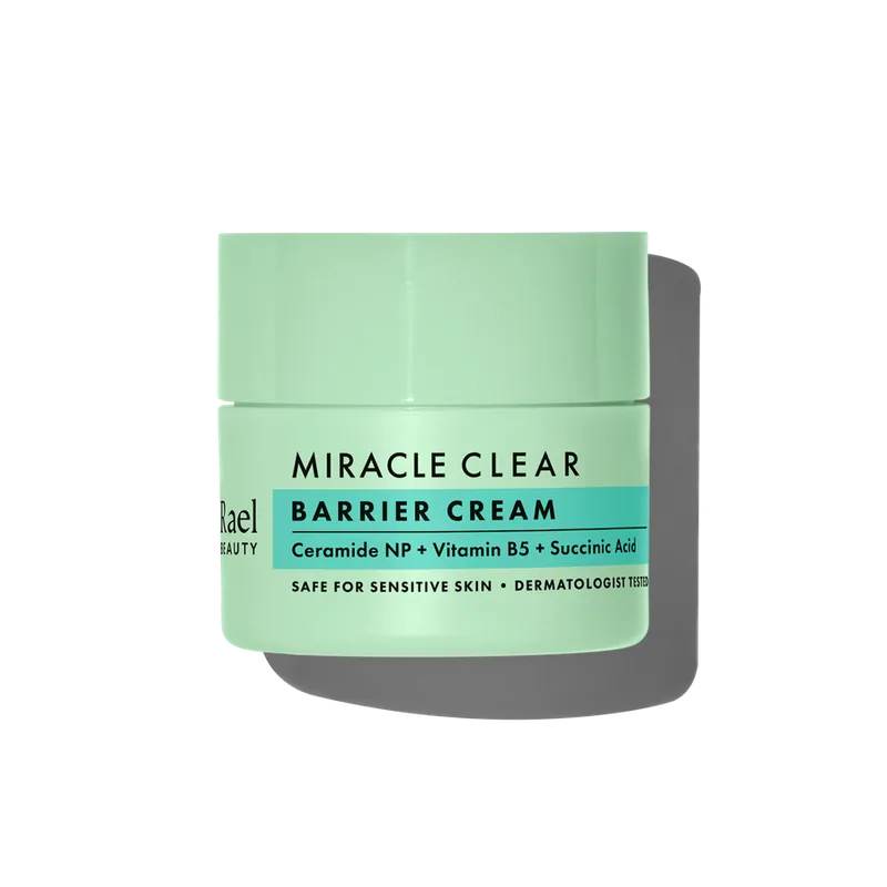 Rael Miracle Clear Barrier Cream white pump bottle with mint-green accents