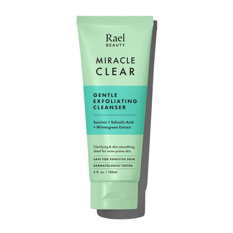 Rael Miracle Clear Gentle Exfoliating Cleanser tube with mint-green branding