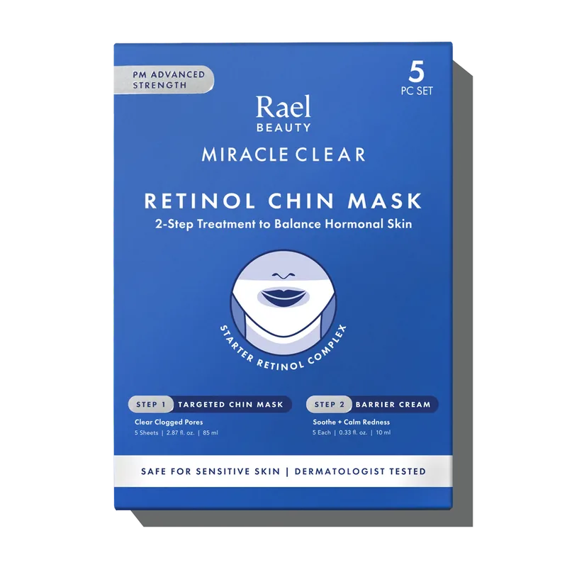 Rael Miracle Clear Retinol Chin Mask 5-pack showing U-shaped hydrocolloid patches