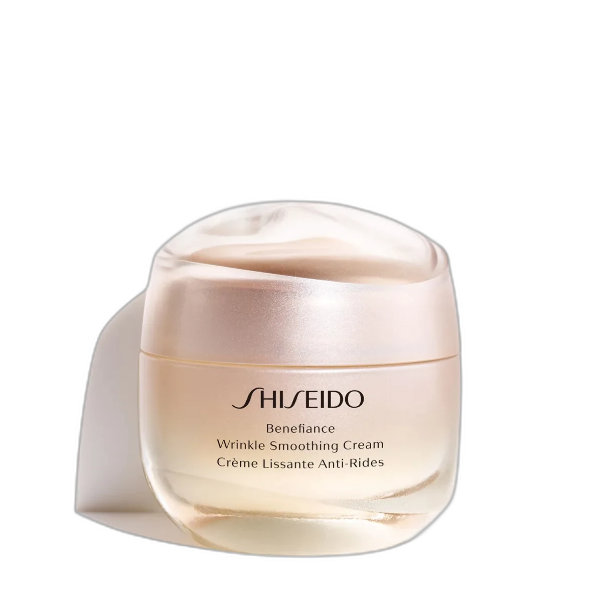 Shiseido Benefiance Wrinkle Smoothing Cream in an elegant glass jar with spatula