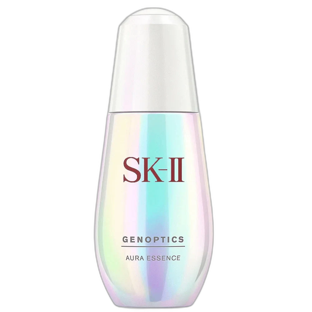 SK-II GenOptics Aura Essence brightening serum in frosted glass bottle with red and white branding