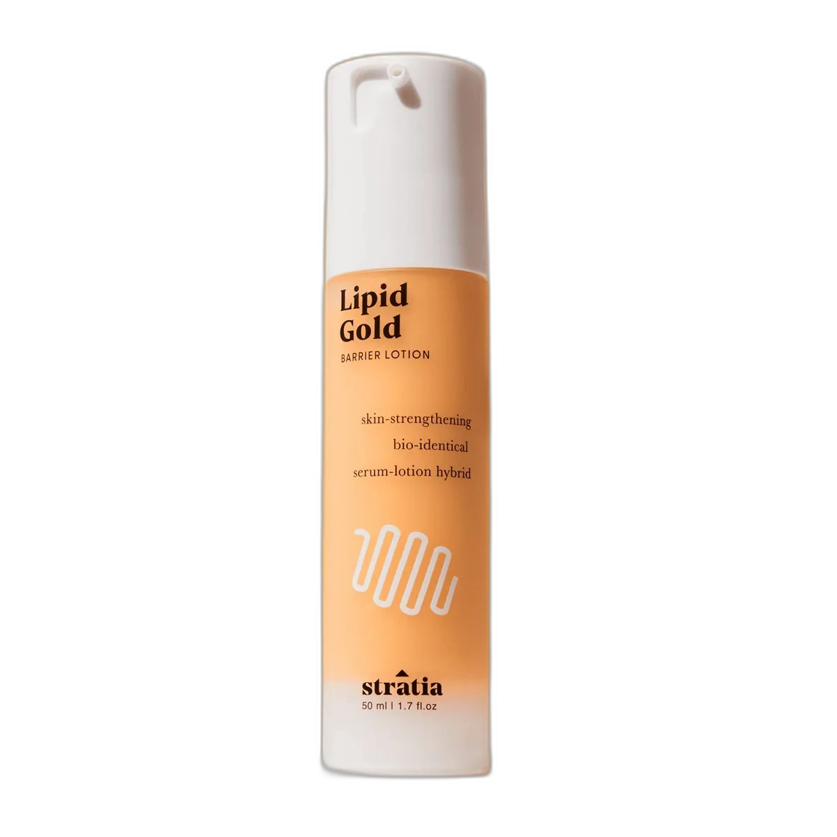 Stratia Liquid Gold Moisturizer pump bottle with distinctive golden-hued formula