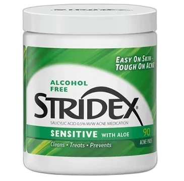 Stridex XtraCare Sensitive Pads with Aloe in green tub packaging