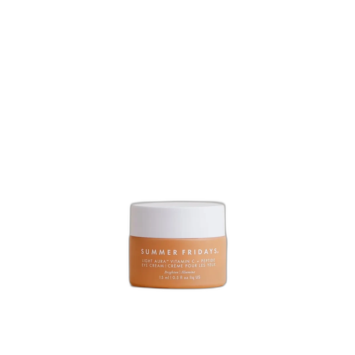 Summer Fridays Light Aura Vitamin C + Peptide Eye Cream glass jar with peachy-tinted cream