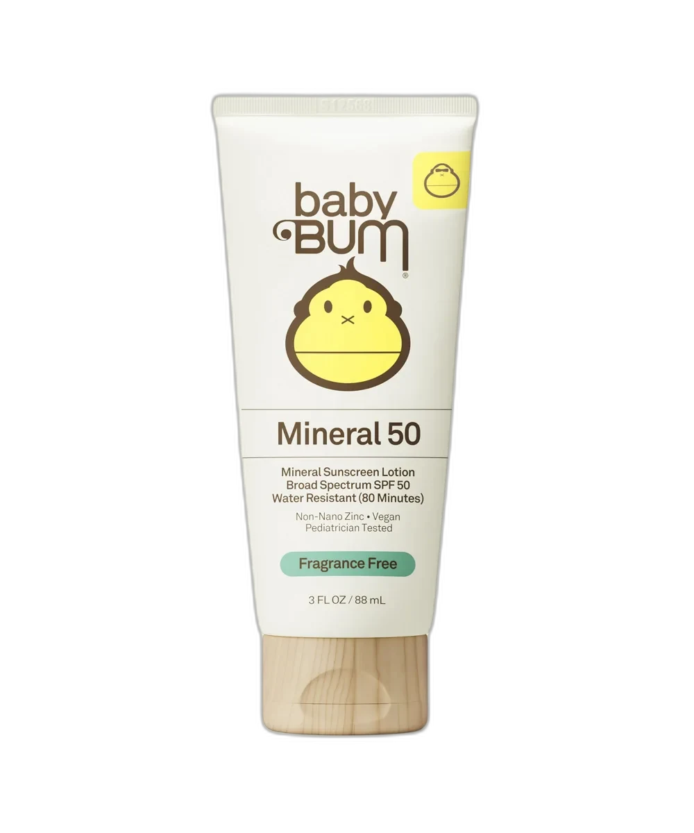 Sun Bum Baby Bum SPF 50 Mineral Sunscreen Lotion in pastel yellow squeeze tube