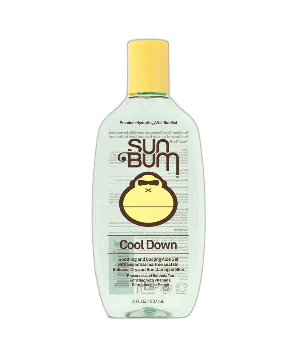 Sun Bum Cool Down Aloe Vera Gel in translucent squeeze bottle with yellow branding and Sonny mascot