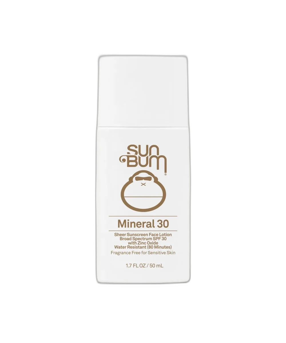 Sun Bum Mineral SPF 30 Sunscreen Face Lotion in yellow squeeze tube with Sonny mascot