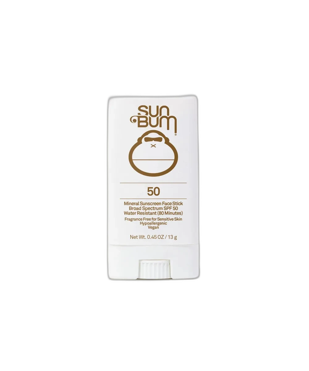 Sun Bum Mineral SPF 50 Sunscreen Face Stick in yellow twist-up tube with Sonny mascot