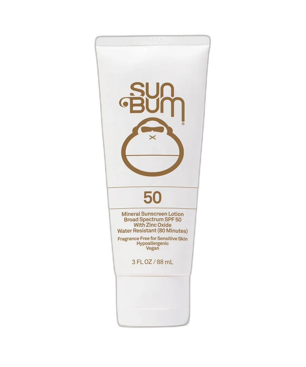 Sun Bum Mineral SPF 50 Sunscreen Lotion in yellow squeeze tube with Sonny mascot