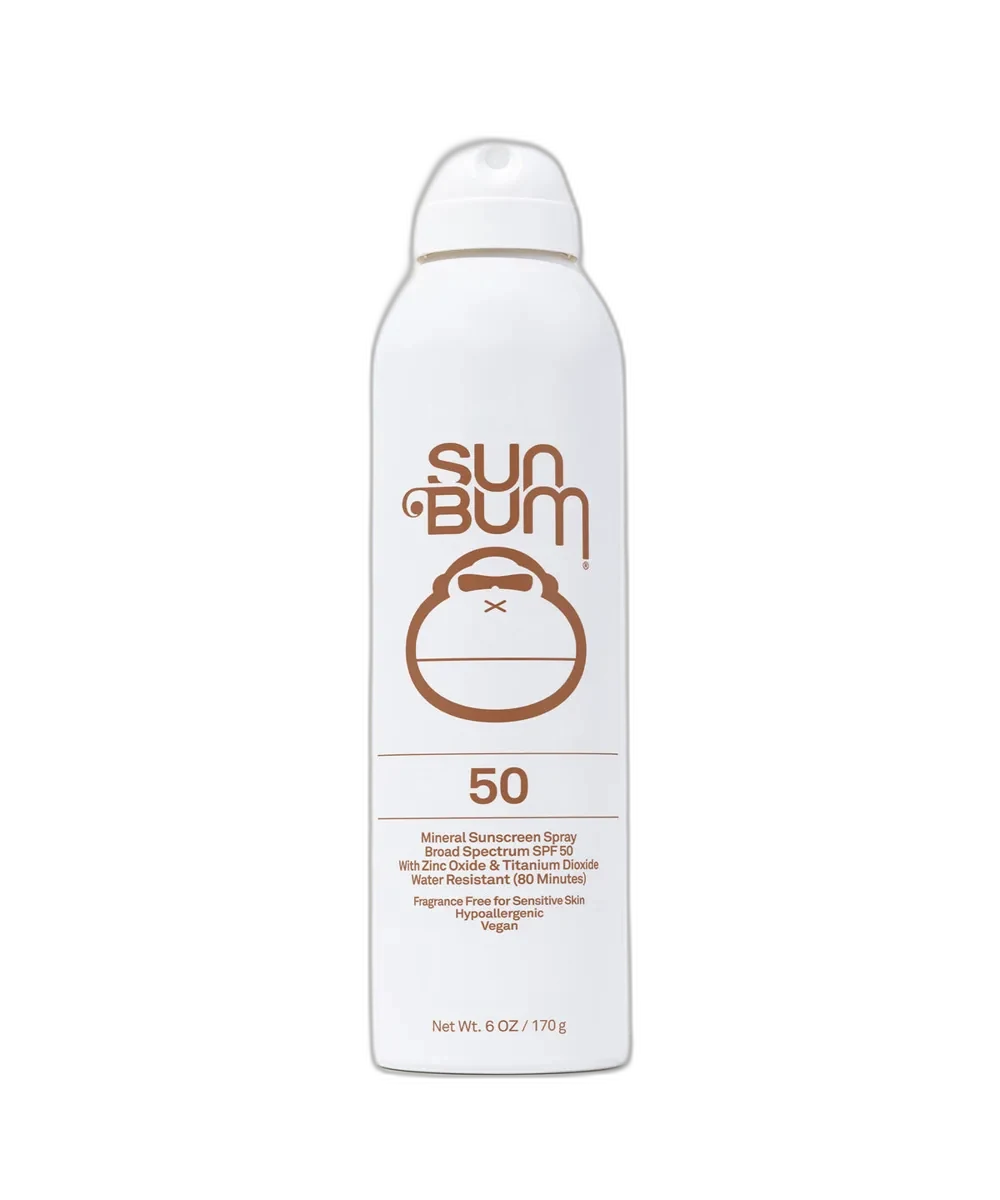 Sun Bum Mineral SPF 50 Sunscreen Spray in yellow and teal aluminum spray can with Sonny mascot