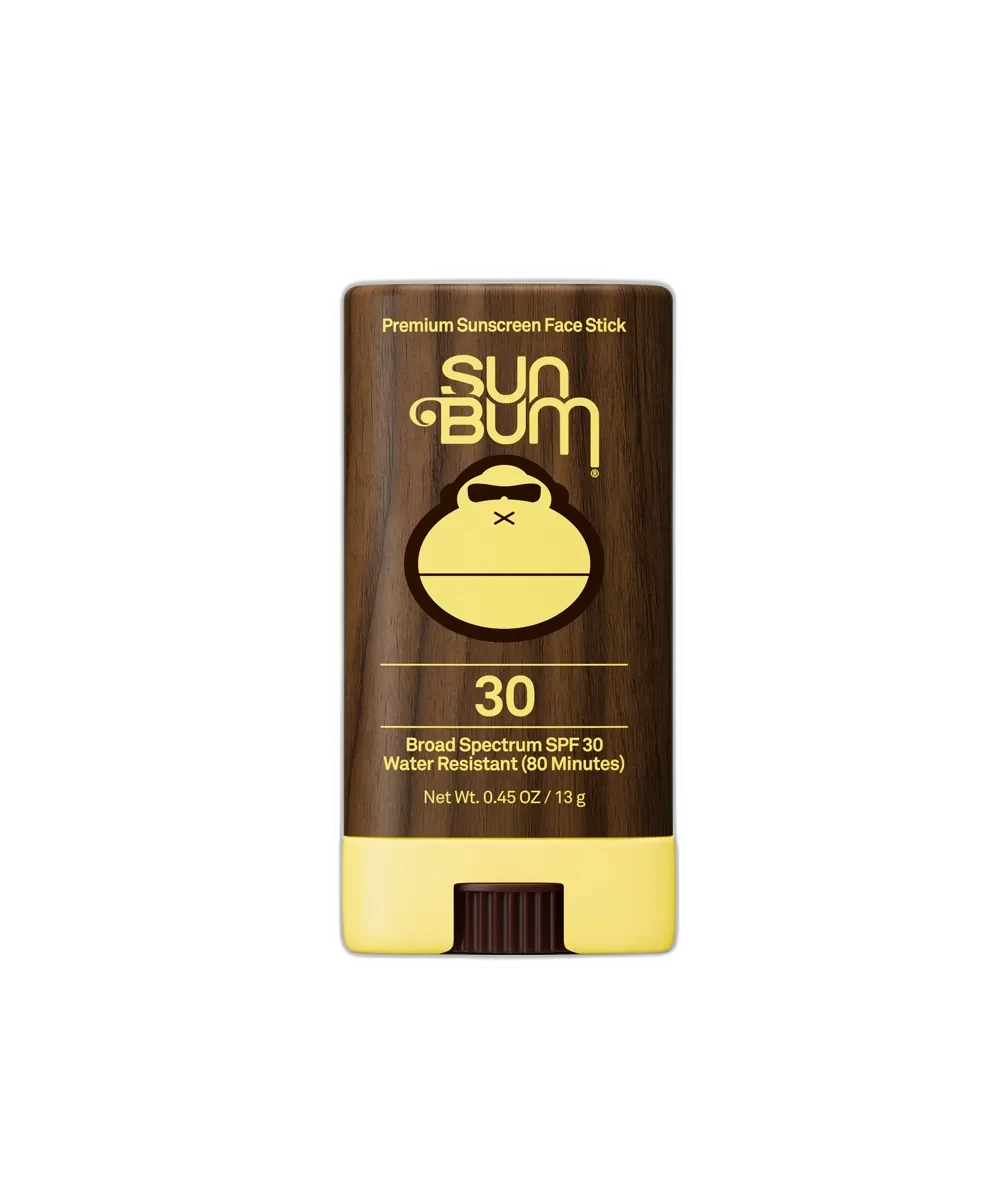 Sun Bum Original SPF 30 Sunscreen Face Stick in its signature yellow twist-up tube with Sonny mascot