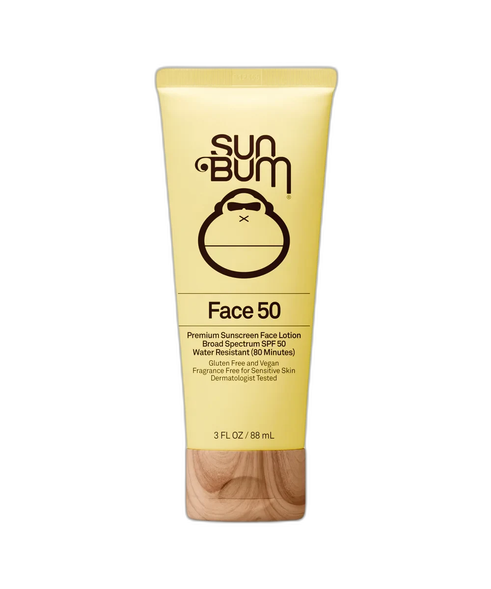 Sun Bum Original SPF 50 Sunscreen Face Lotion in a white squeeze tube with yellow Sun Bum branding