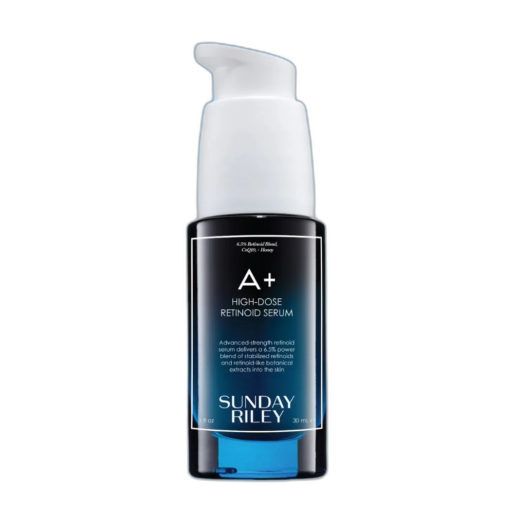 Sunday Riley A+ High-Dose Retinoid Serum in a yellow-gold airless pump bottle