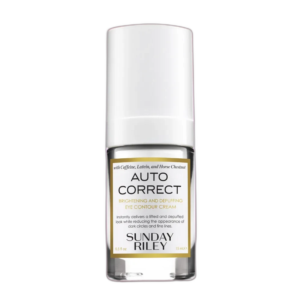 Sunday Riley Auto Correct Brightening + De-Puffing Eye Contour Cream in a dark glass pump bottle