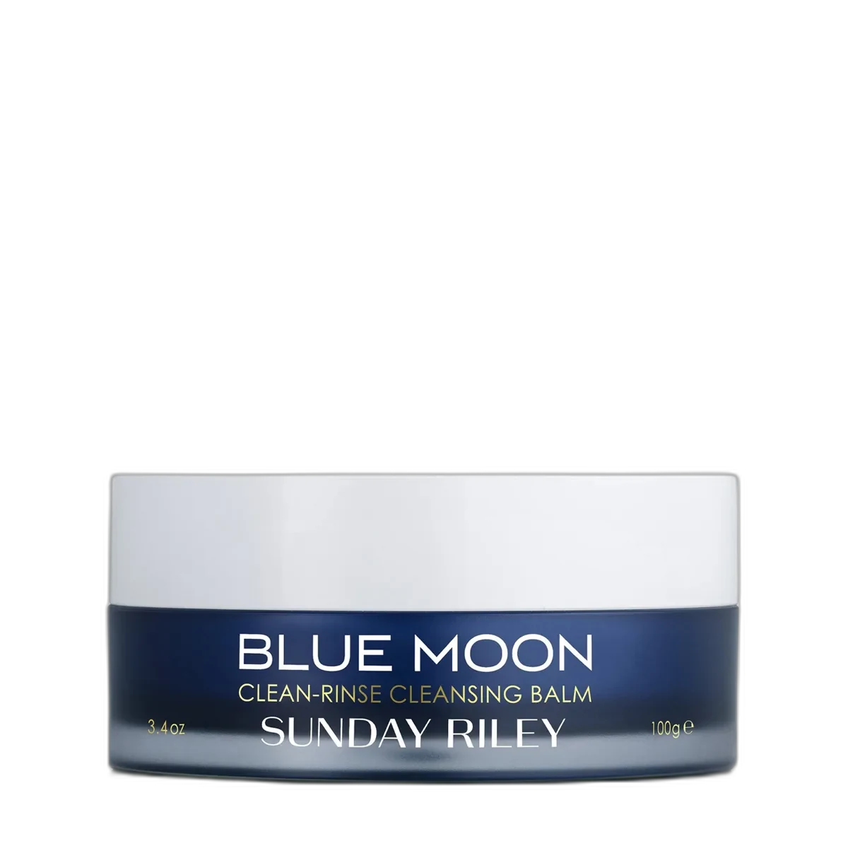 Sunday Riley Blue Moon Tranquility Cleansing Balm in glass jar showing vivid blue balm with blue lid