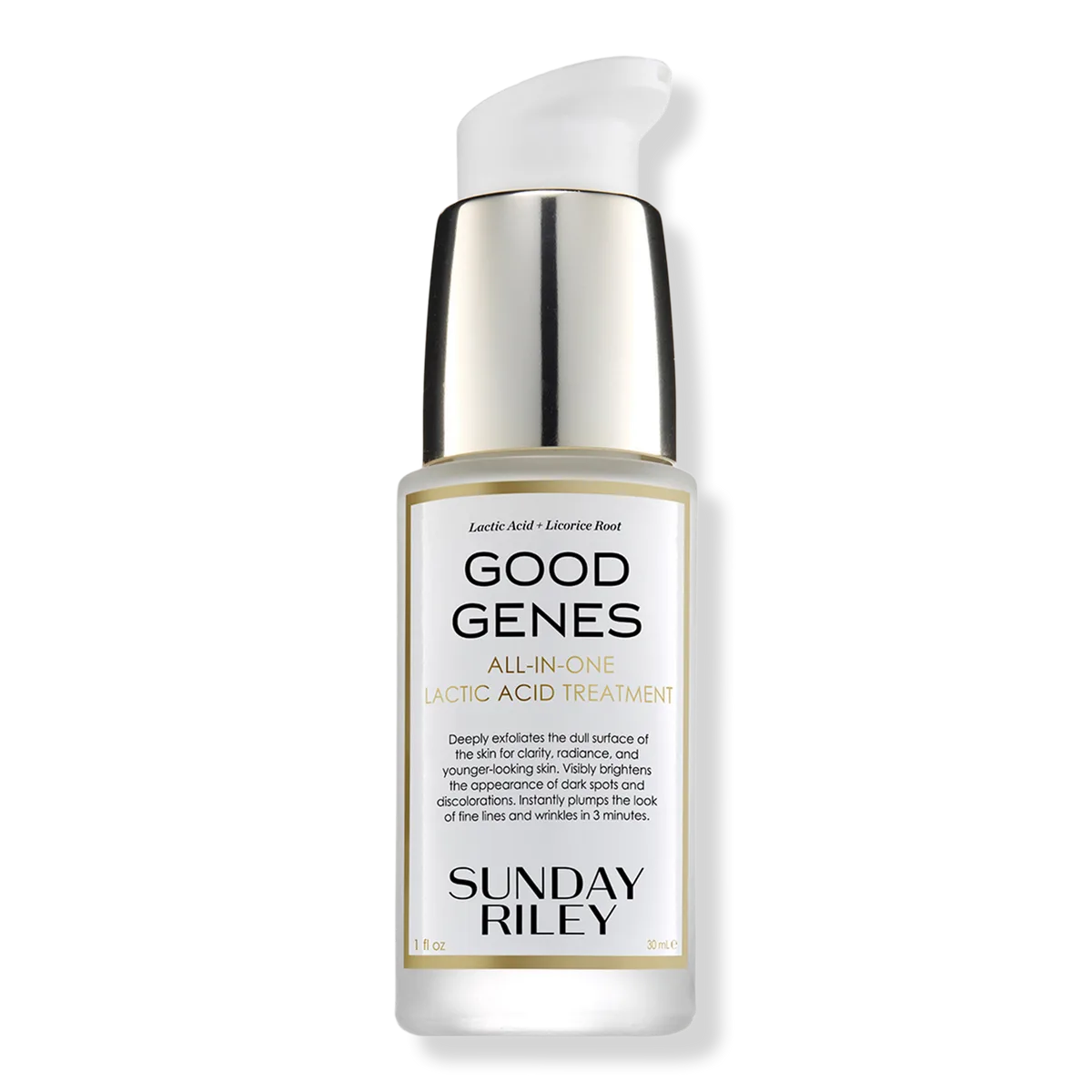 Sunday Riley Good Genes All-in-One Lactic Acid Treatment in a white pump bottle with green branding