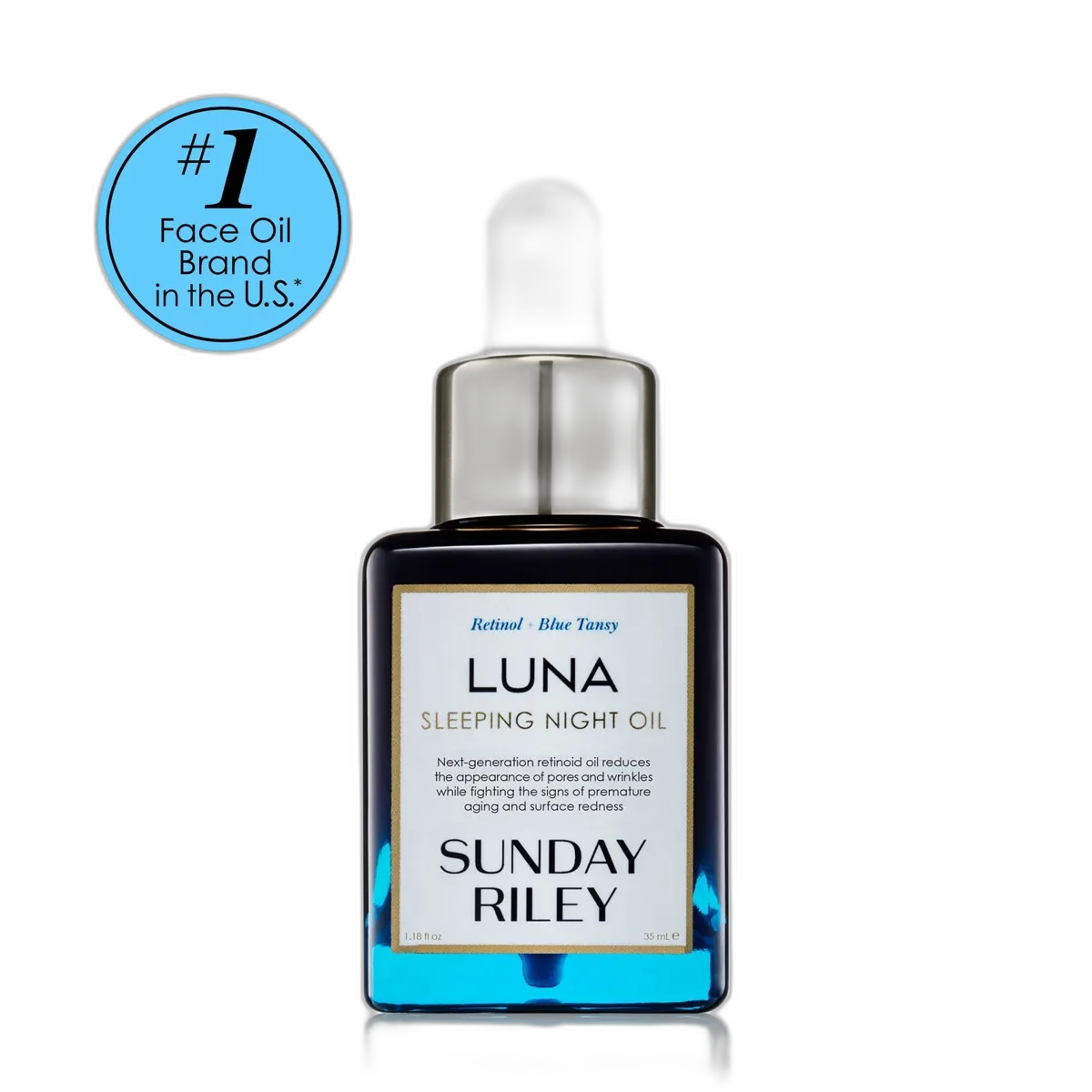 Sunday Riley Luna Sleeping Night Oil blue glass dropper bottle with gold accents