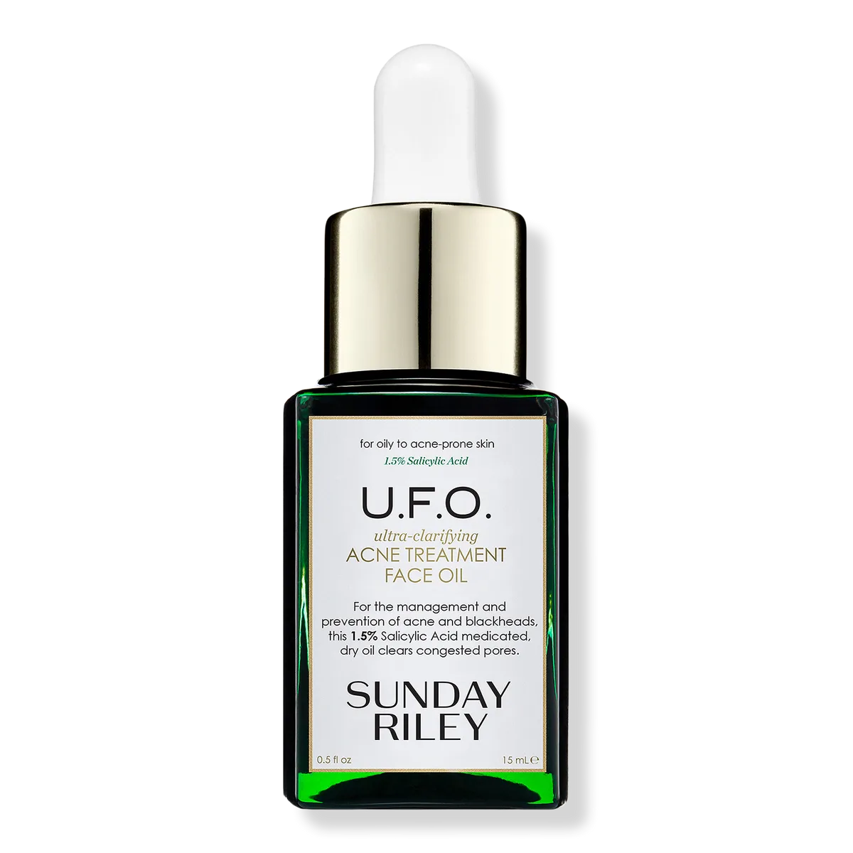 Sunday Riley UFO Ultra-Clarifying Acne Treatment Face Oil in a green glass dropper bottle