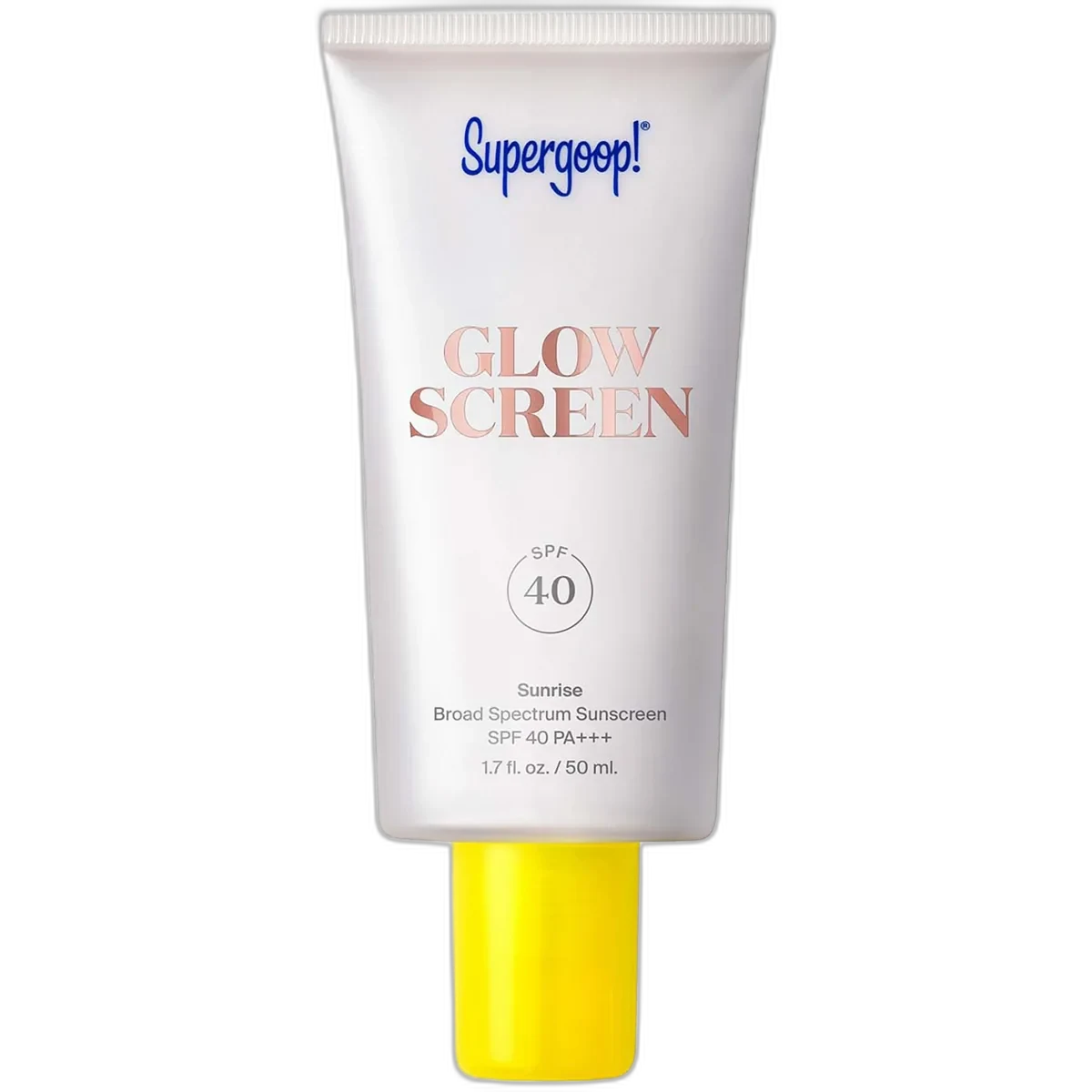 Supergoop Glowscreen SPF 40 tube with pearlescent sunscreen primer