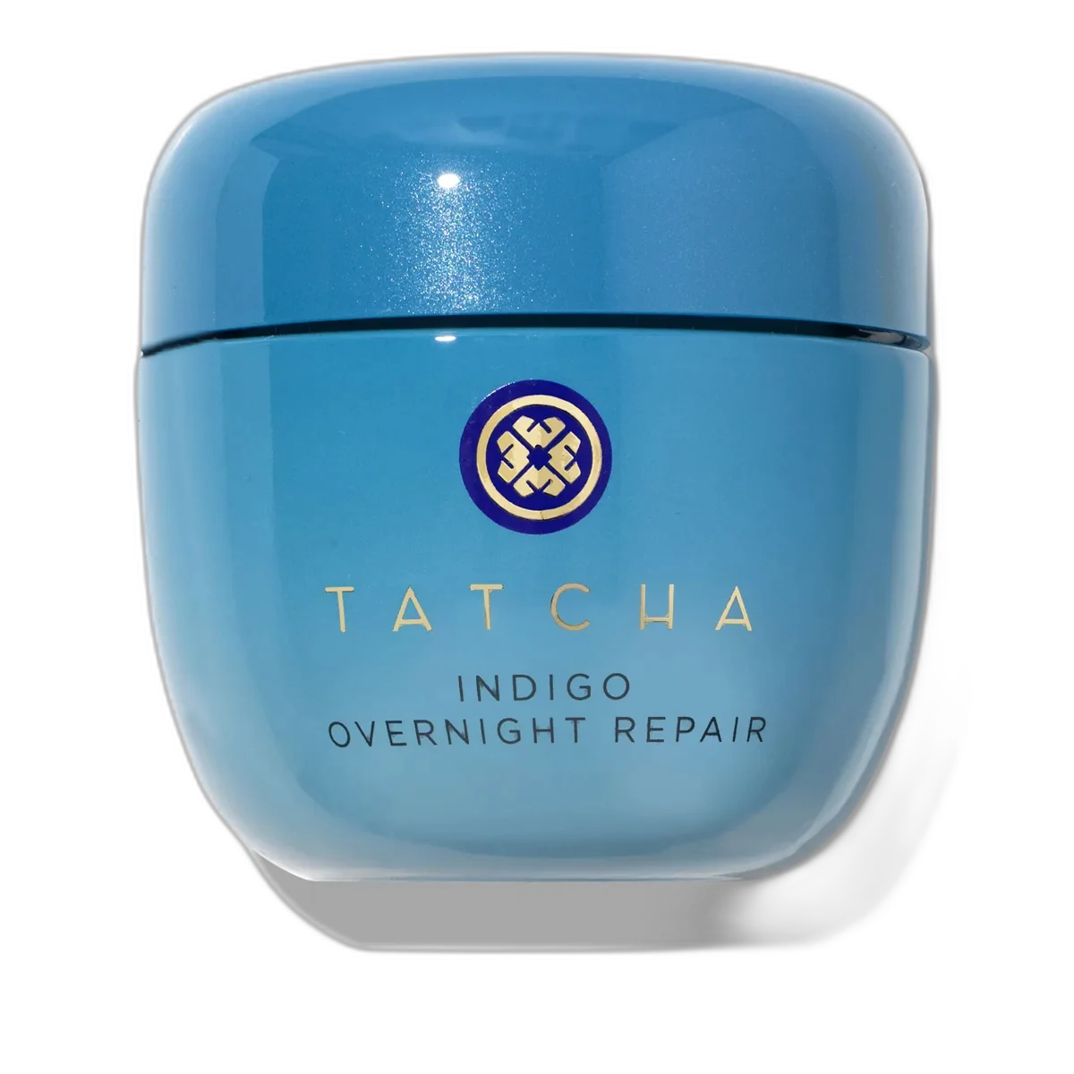 Tatcha Indigo Overnight Repair Cream navy blue glass jar with gold spatula