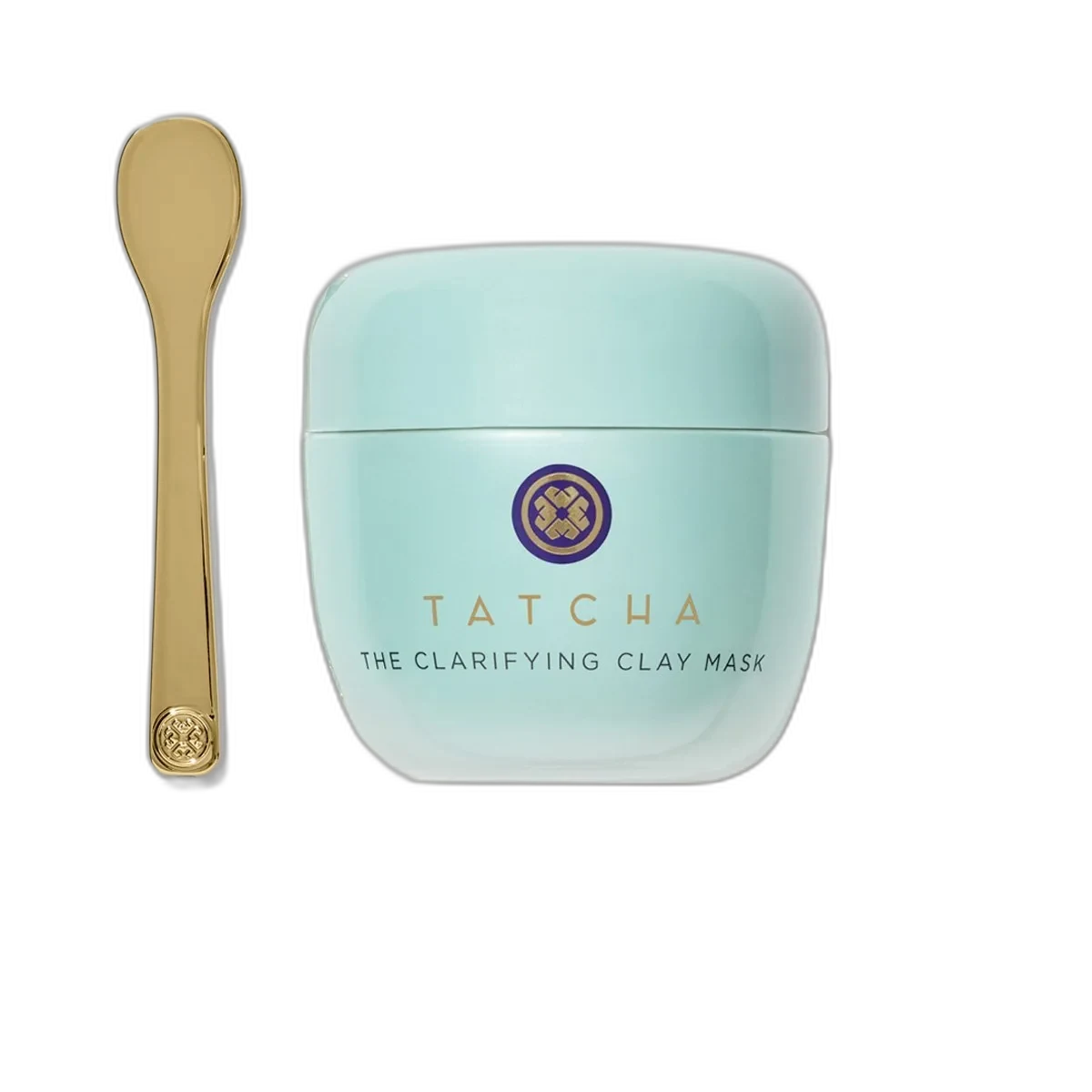 Tatcha The Clarifying Clay Mask in a sage-green glass jar with gold lid