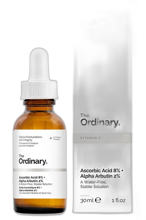 The Ordinary Ascorbic Acid 8% + Alpha Arbutin 2% serum in amber glass dropper bottle