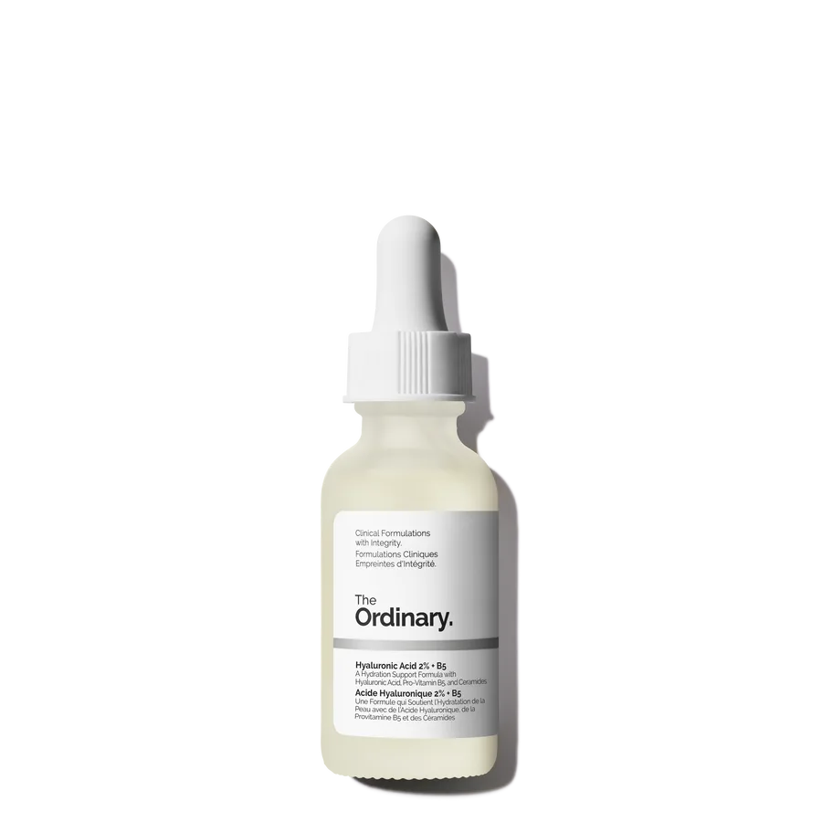 The Ordinary Hyaluronic Acid 2% + B5 Hydrating Serum with Ceramides in a frosted glass dropper