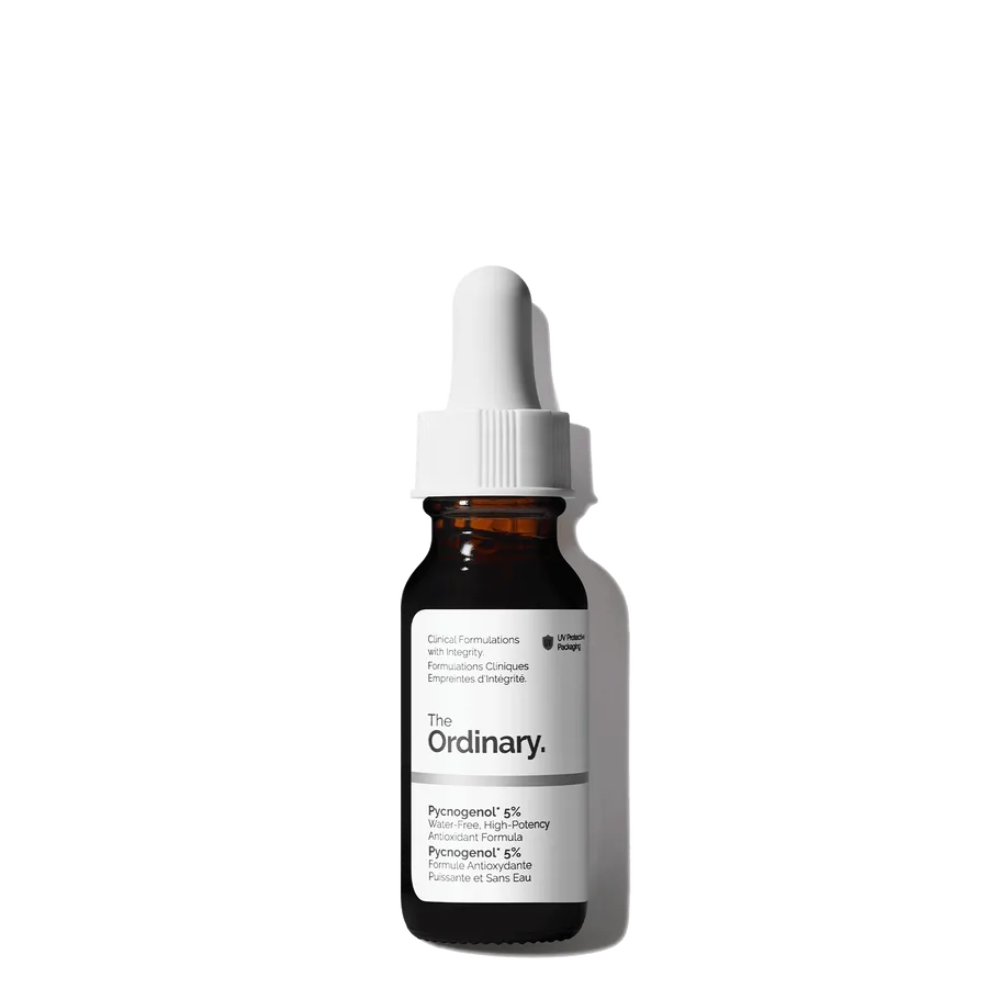The Ordinary Pycnogenol 5% antioxidant serum in small amber glass dropper bottle