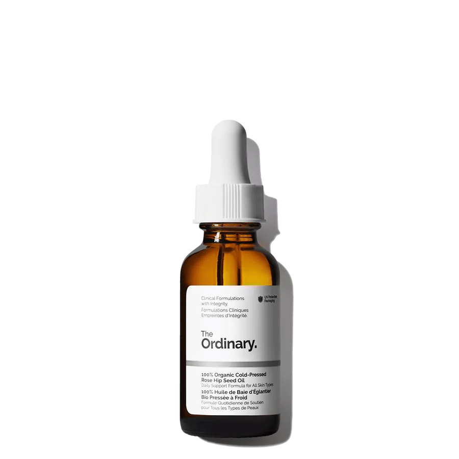 The Ordinary 100% Organic Cold-Pressed Rosehip Seed Oil in brown glass dropper bottle