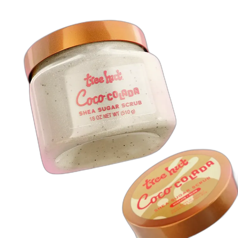 Tree Hut Coco Colada Shea Sugar Scrub in white plastic tub with tropical label