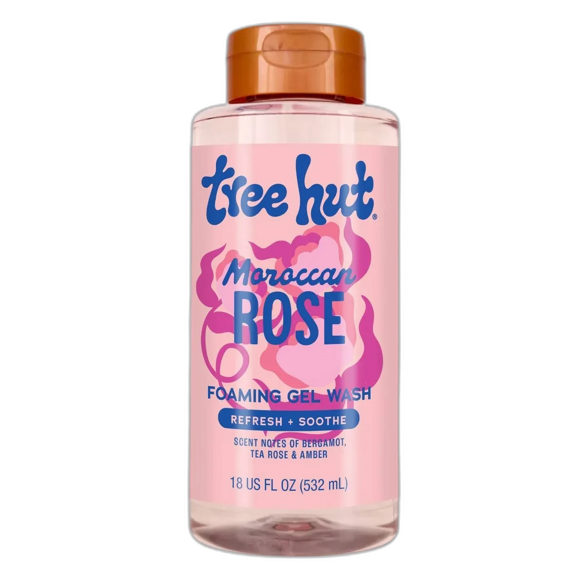 Tree Hut Moroccan Rose Foaming Gel Body Wash 18 fl oz bottle with rose-themed design