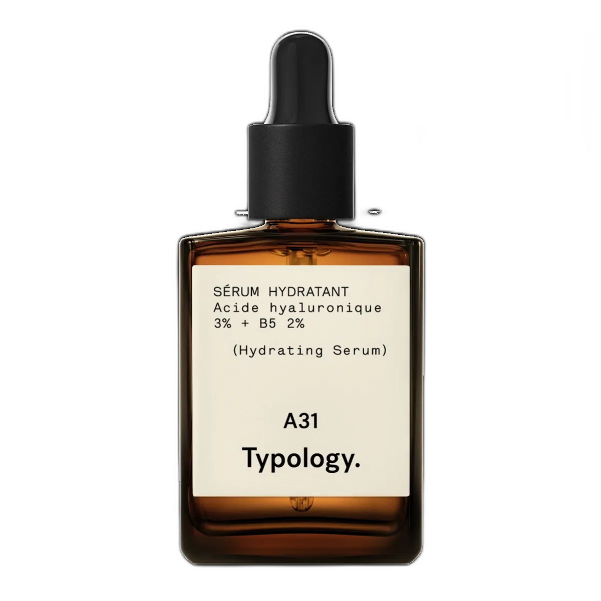 Typology Hyaluronic Acid 2% + Vitamin B5 Serum in a 30ml amber glass dropper bottle