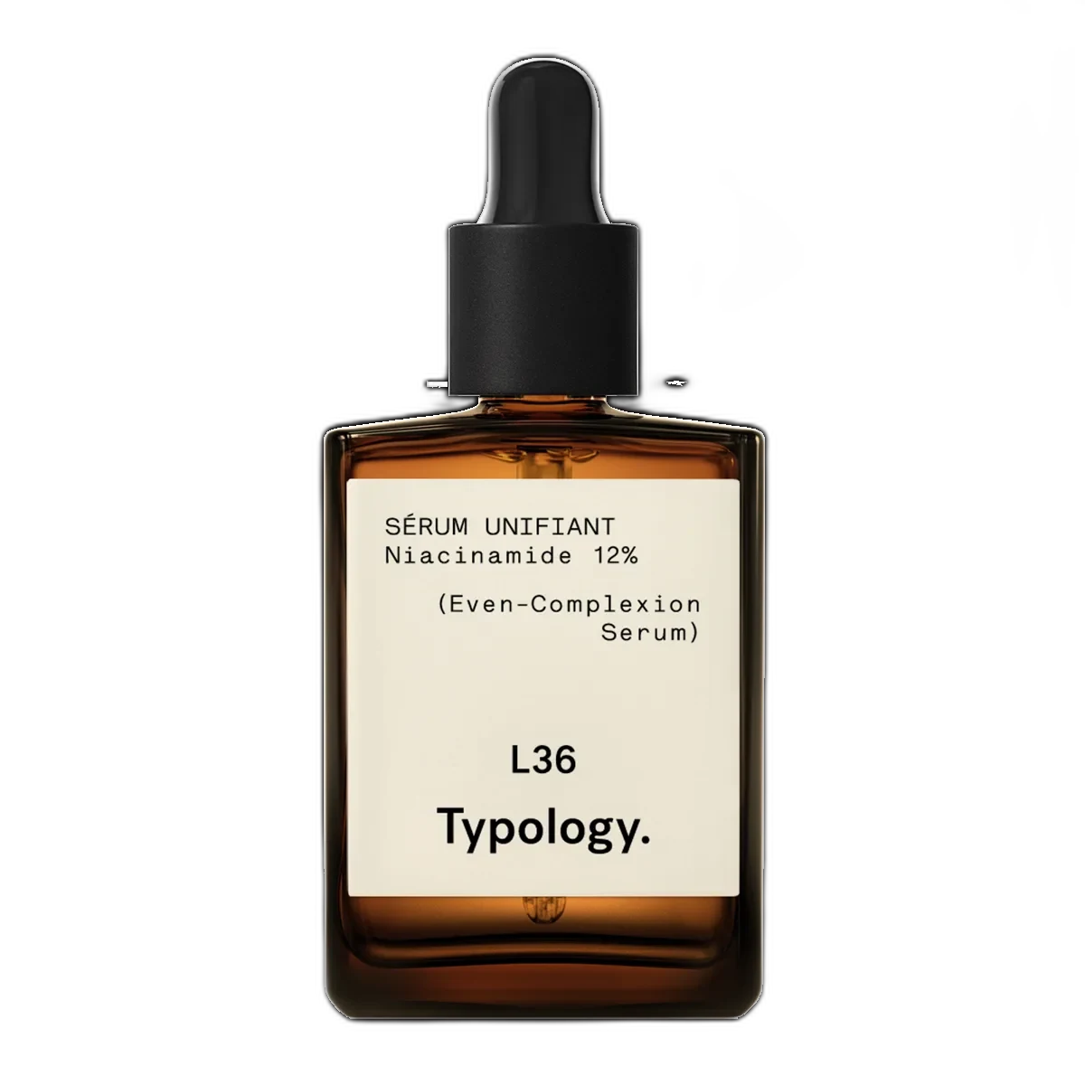 Typology Niacinamide 12% + Zinc Serum in a 30ml amber glass dropper bottle